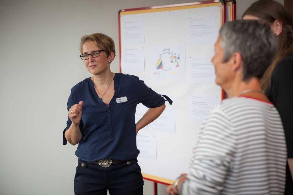 Eine Frau (Trainerin Julia Baum) mit Namensschild spricht vor einem Flipchart, an dem mehrere Blätter mit Texten und einer Grafik befestigt sind; zwei weitere Personen stehen im Vordergrund und hören zu.